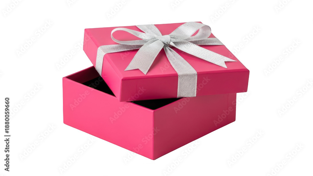 Obraz premium Pink gift box with silver bow isolated on transparent background