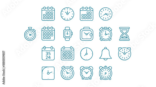 Collection of various clock and calendar icons on white background