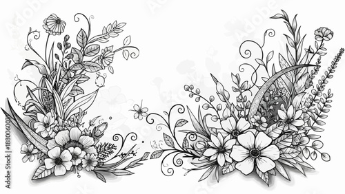 Delicate floral illustration with swirling vines and small insects.