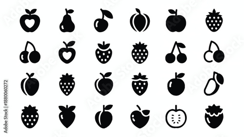 Collection of various fruit icons in black silhouette on white background