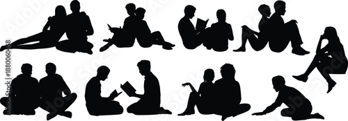 People sitting silhouette set with couples and individuals reading talking relaxing poses representing leisure lifestyle and social interaction concept