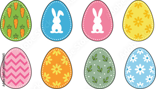 Colorful decorated Easter eggs with spring patterns, flowers, bunnies, carrots and cheerful seasonal designs, perfect for holiday celebration, crafts, kids activities and festive decoration themes.