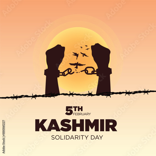 5th Febraury, Kashmir Solidarity Day Concept Illustration with Broken Chains, Barbed Wire, and Birds at Sunrise.