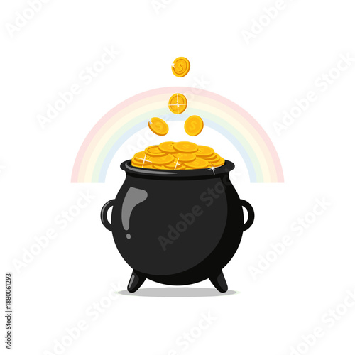 Black pot filled with gold coins under rainbow illustration  
