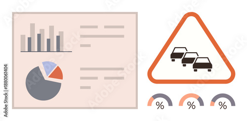 Data visualization, transportation planning, traffic analysis, safety research, congestion monitoring, statistical reporting. Bar chart, pie chart, traffic warning sign percentages and vehicles
