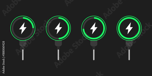 Wireless charging icons with a lightning symbol showing battery levels of 25%, 50%, 75%, and 100%.