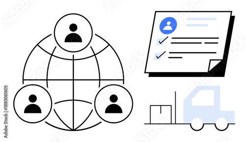 People interconnected globally, checklist document with profile details, and a delivery truck by stacked boxes. Ideal for teamwork, logistics, shipping, networking, documentation, supply chain