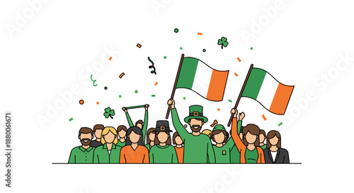 Enthusiastic crowd celebrating with Irish flags on St. Patrick's Day  