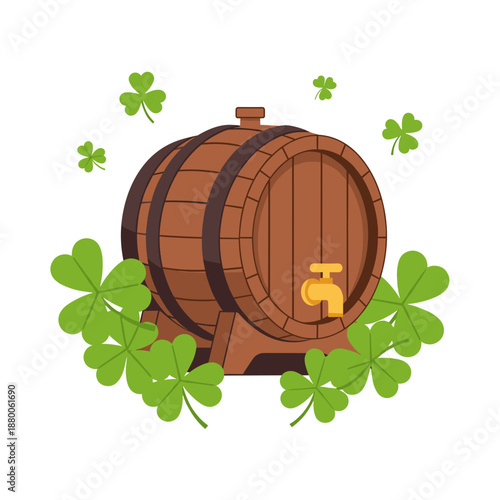 Wooden barrel surrounded by green clovers on white background  