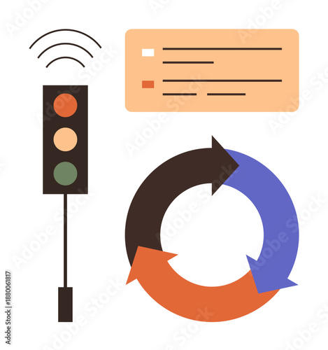 Business workflow, teamwork, progress tracking, productivity tools, data organization, color coding. traffic signals, circular arrows checklist and labels. Workflow and progress tracking visuals