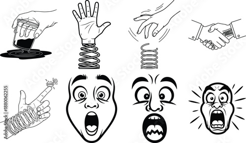 Black and white of hands and faces with springs