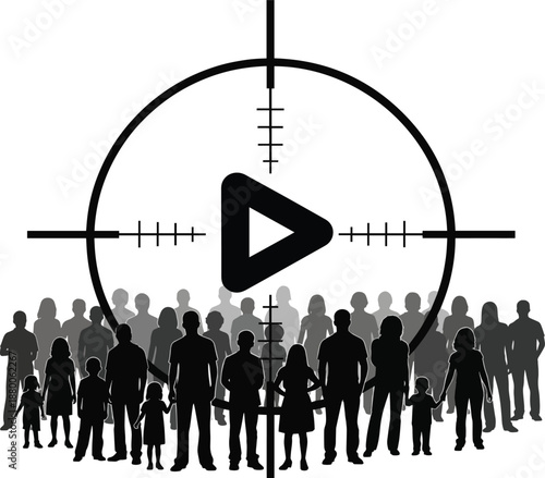 A large crowd of people in the crosshairs of a video play button on transparent background vector