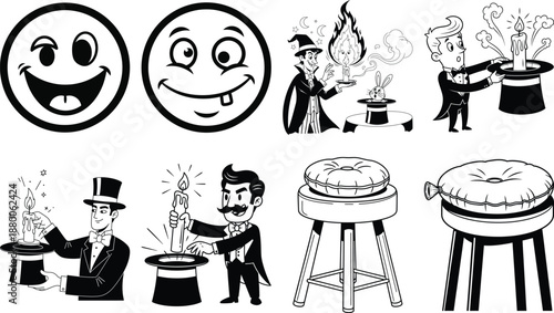 Black and white of magicians and magic tricks with smiling faces candle