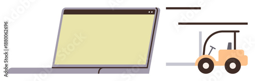 E-commerce, logistics, supply chain, online shopping, technology, and warehousing. A laptop next to a forklift in motion. E-commerce and logistics concept for efficient digital supply chains