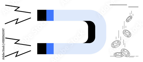 Financial growth, wealth creation, marketing strategy, savings, business success, investment. A magnet pulling coins with energy lines. Financial growth and wealth creation concept