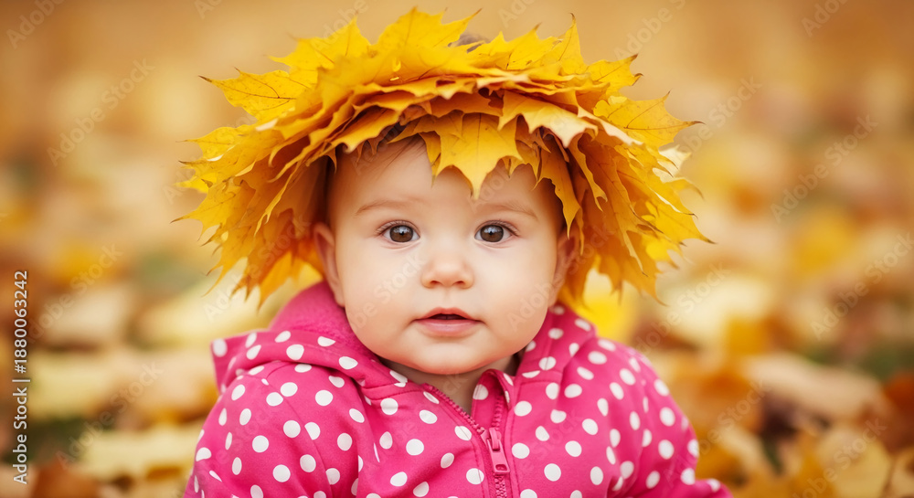 Fototapeta premium Infant wearing pink polka-dot outfit and yellow leaf crown amidst autumn leaves, representing childhood innocence and the beauty of fall