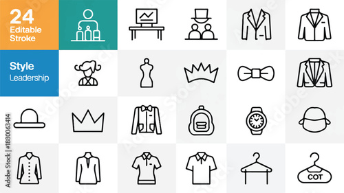 Editable stroke leadership icons set including business clothing and accessories
