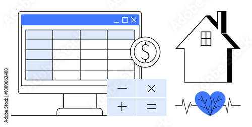 Budgeting, real estate planning, mortgage calculation, homeownership, financial management, investment strategies. Display features a digital spreadsheet, calculator, currency symbol house