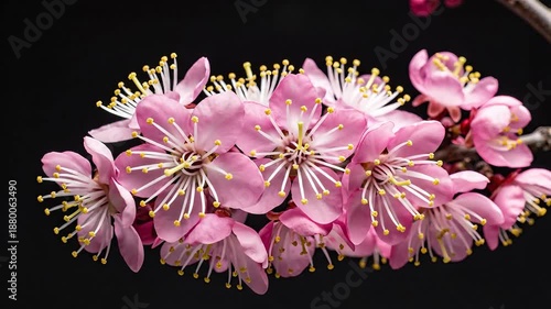 A breathtaking closeup shot of delicate pink plum blossom buds beginning to unfurl on a branch signaling the arrival of early spring with their vibrant color against a stark dark background capturing.