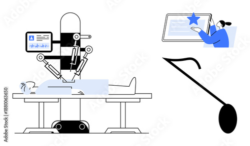 Healthcare, medical technology, robotics, innovation, remote operations, telemedicine. Robot performing a surgical procedure and person monitoring remotely. Healthcare and robotics innovation concept