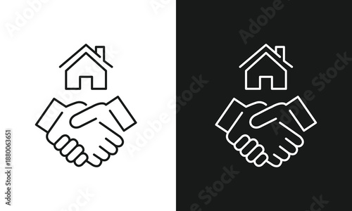 Minimalist Housing Agreement Icon Featuring Handshake Beneath House Outline in Split Black and White Contrast, Clean Line Art for Real Estate Deals, Home Buying Partnerships.