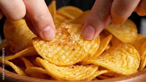 A closeup shot captures a hand reaching into a rustic wooden bowl filled with golden ridged potato chips selecting one for a satisfying crunchy snack highlighting the irresistible appeal of this popu.