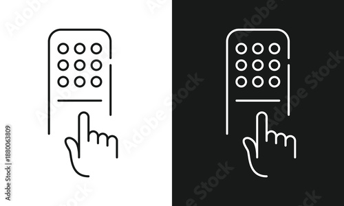 Minimalist Keypad Interaction Icon Featuring Hand Pressing Button on 3x3 Grid Interface in Split Black and White Contrast, Clean Line Art for Access Control, Security Systems, and Digital Input Design