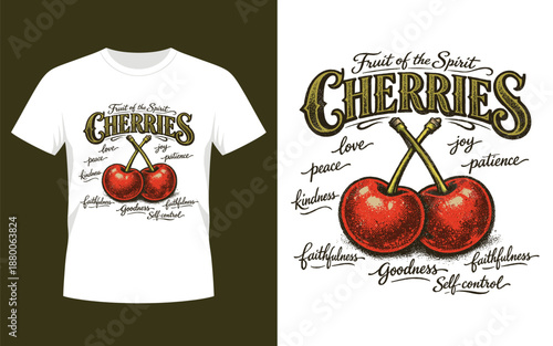 Vintage Cherries Fruit of the Spirit Christian T‑Shirt Design Vector Illustration