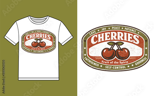 Vintage Cherries Fruit of the Spirit Christian Label T‑Shirt Design Vector