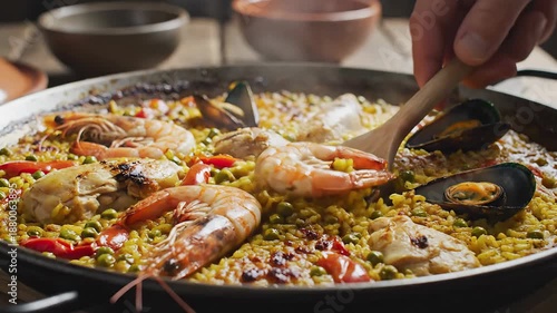 A closeup shot of a delicious traditional Spanish seafood paella being freshly cooked and stirred in a large rustic pan showcasing vibrant yellow rice succulent prawns mussels and vegetables ready to.