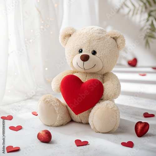 Cuddly Bear with Heart: An endearing teddy bear tenderly holds a plush heart, surrounded by scattered heart-shaped confetti. A heartwarming symbol of affection and companionship.