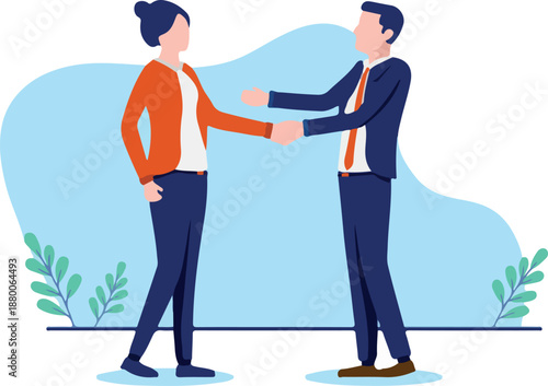 Woman and man handshake - Female businesswoman and businessman shaking hands over deal and agreement. Flat design vector illustration with white background
