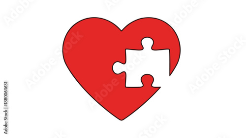 A red heart shaped puzzle piece illustration on a simple white background from a straightforward viewpoint