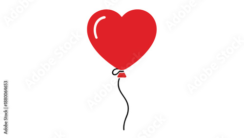 Red heart-shaped balloon floating in the air, tied with a string, viewed from the front, celebrating love and affection with a simple illustration.