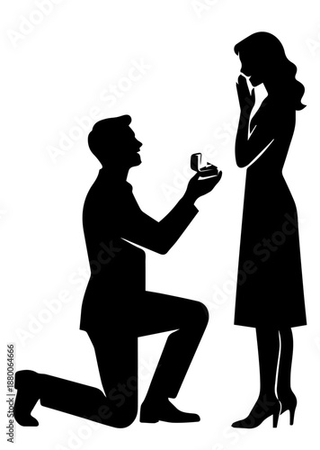 A flat vector illustration of a man's silhouette kneeling and proposing to his girlfriend with a ring box.