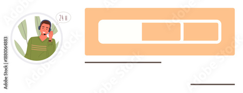 Customer service, support operations, progress tracking, time management, user interface, customer satisfaction. A man on a call next to a progress bar design. Customer service and support operations