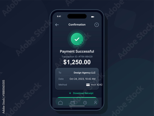 A mobile phone screen shows a payment confirmation for a transaction. The amount is $1,250.00, dated October 24, 2023. The screen indicates that the payment was successful.