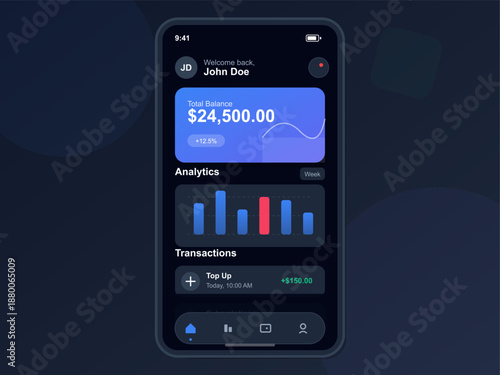 User interface of a mobile banking app displaying account balance, analytics charts, and transaction history. The design highlights user-friendly navigation for financial management.