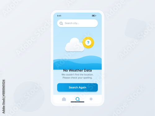 A user interface of a weather application displays a message indicating no weather data is found. It suggests checking spelling and searching again for a city.