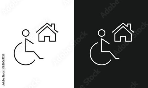 Minimalist Accessibility Housing Icon Featuring Wheelchair User and House Outline in Split Black and White Contrast, Clean Line Art for Inclusive Design, Disability Access, and Residential Interface 