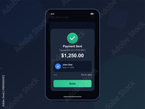Mobile screen shows a payment confirmation for $1,250. Details include transaction ID, recipient name, and transaction date. Mobile banking application in use.