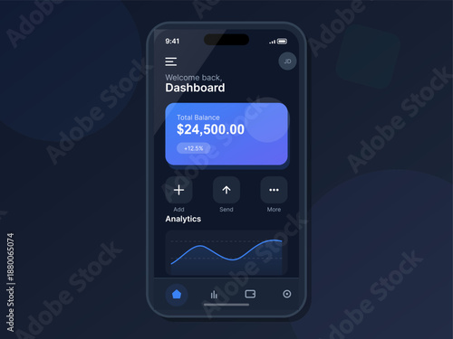 A mobile app dashboard shows a welcome message, total balance, and analytics. The design focuses on user experience with a modern interface layout for financial tracking.