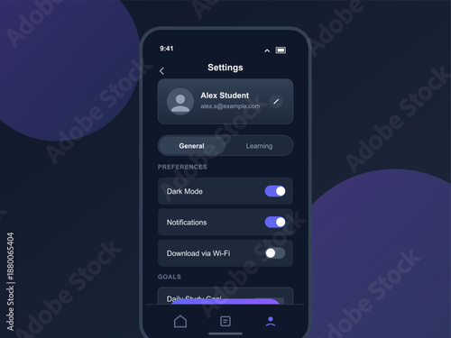 The settings interface displays user preferences for dark mode, notifications, and Wi-Fi download options within a mobile application designed for students.