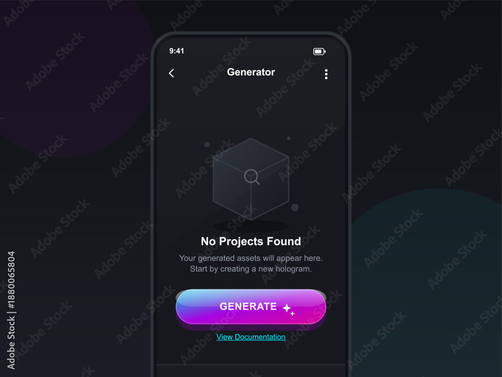 Naklejka premium A smartphone screen displays a hologram generator app showing a message that no projects are found. The interface is in a dark theme with simple graphic elements.