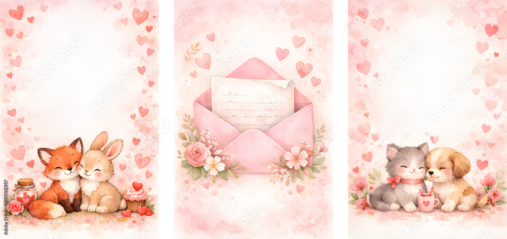 Fototapeta premium Watercolor romantic set with love letter envelope, cute woodland animals and soft pastel heart backgrounds, hand painted illustration collection for valentine greeting cards, kids decor and sweet love