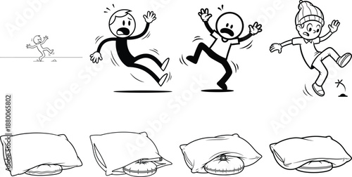 Cartoon people slipping on pillows falling