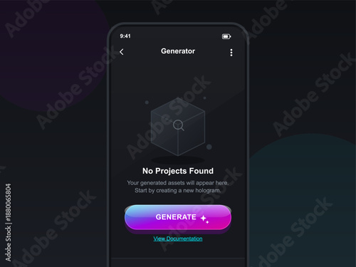 A smartphone screen displays a hologram generator app showing a message that no projects are found. The interface is in a dark theme with simple graphic elements.