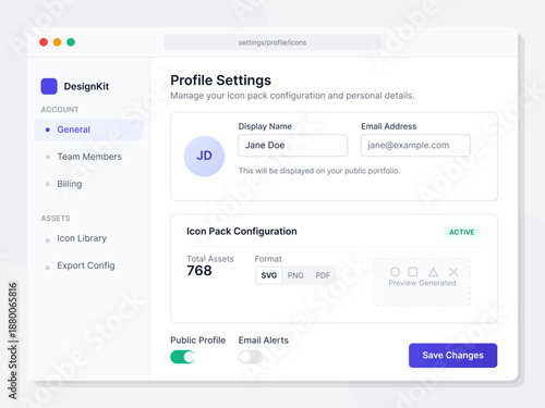 A digital interface showing profile settings for a design application. It includes user details like display name and email along with configuration options for an icon pack.