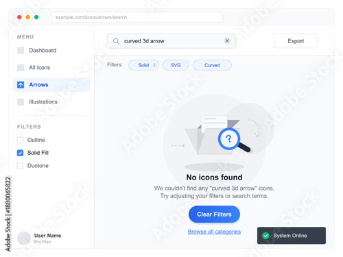 This vector illustration shows a user interface searching for curved 3D arrows. The design highlights an empty state with filters and options displayed prominently.