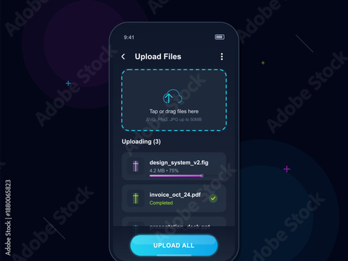 Interface for a mobile file upload feature showing files in progress, including SVG and PDF formats. Background features colorful design elements for a modern look.